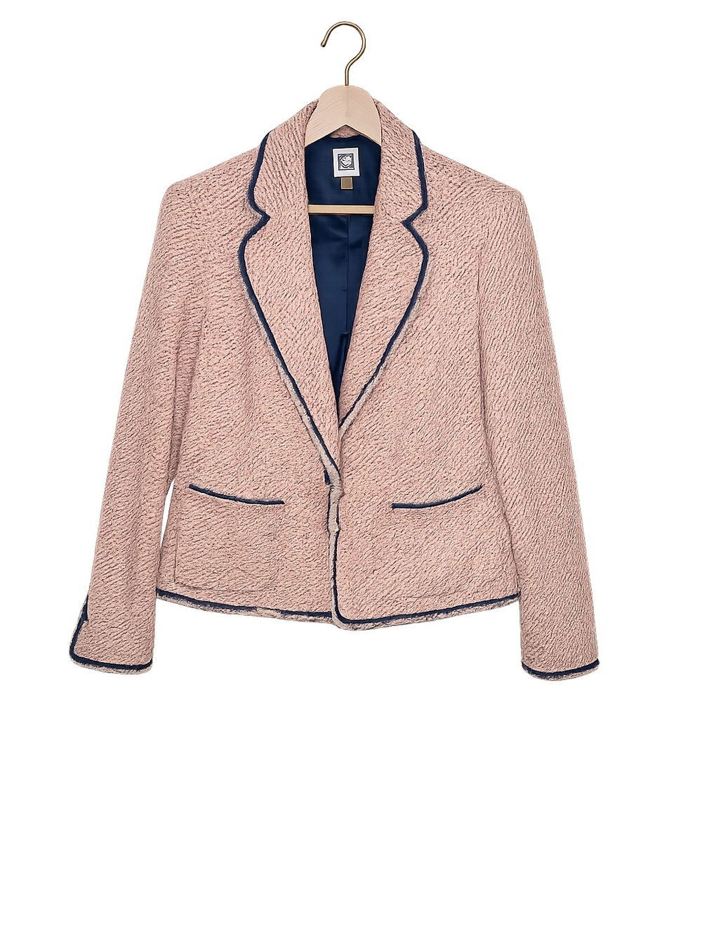 Anne Klein Tweed Blazer Jacket Pink Navy Trim Frayed Edge Career Preppy - Picture 2 of 14